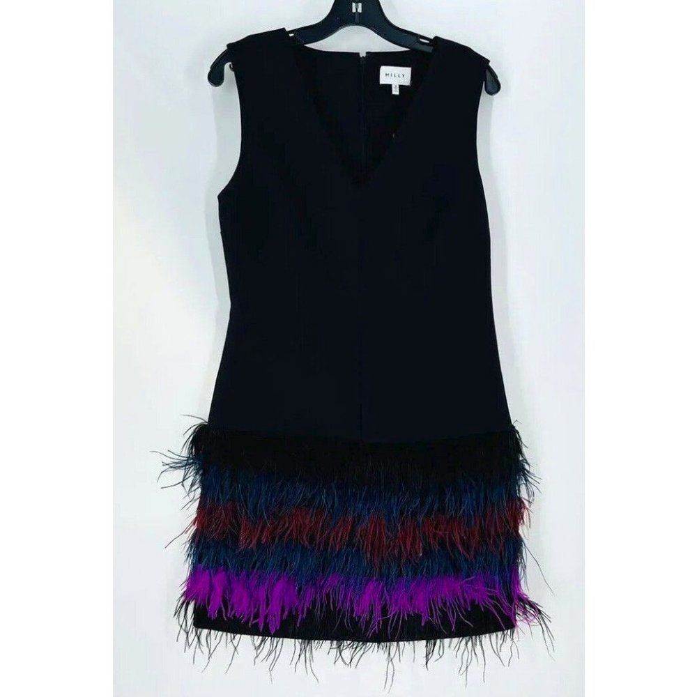Milly Black Mini Dress with Purple, Blue & Red Feather Hem